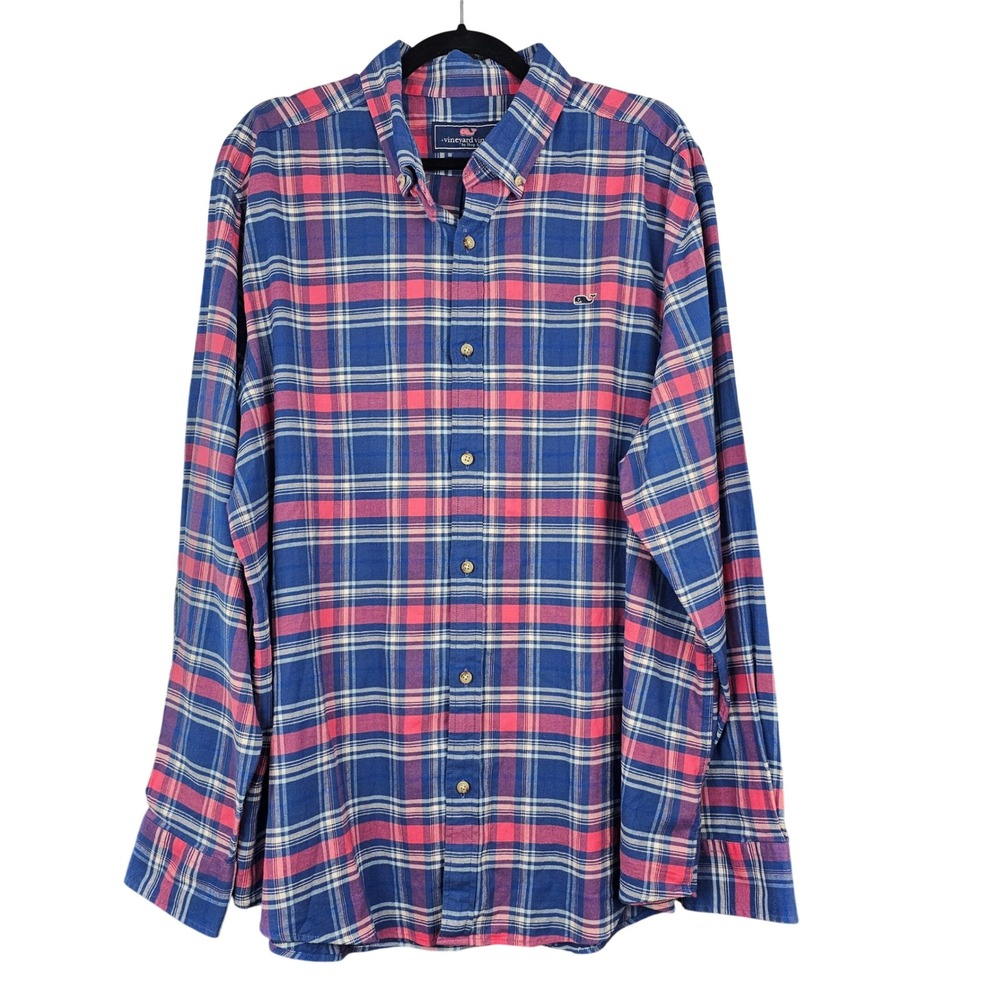 Vineyard Vines Whale Shirt Blue Pink Plaid Button Down Long Sleeve Logo Mens XXL